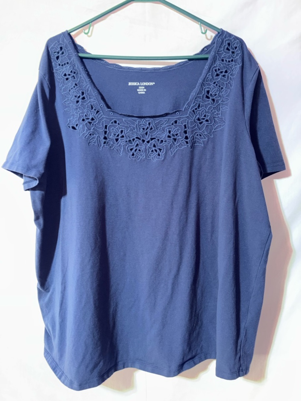 Jessica London Navy Short-Sleeve Scoop Top with Floral Cutwork